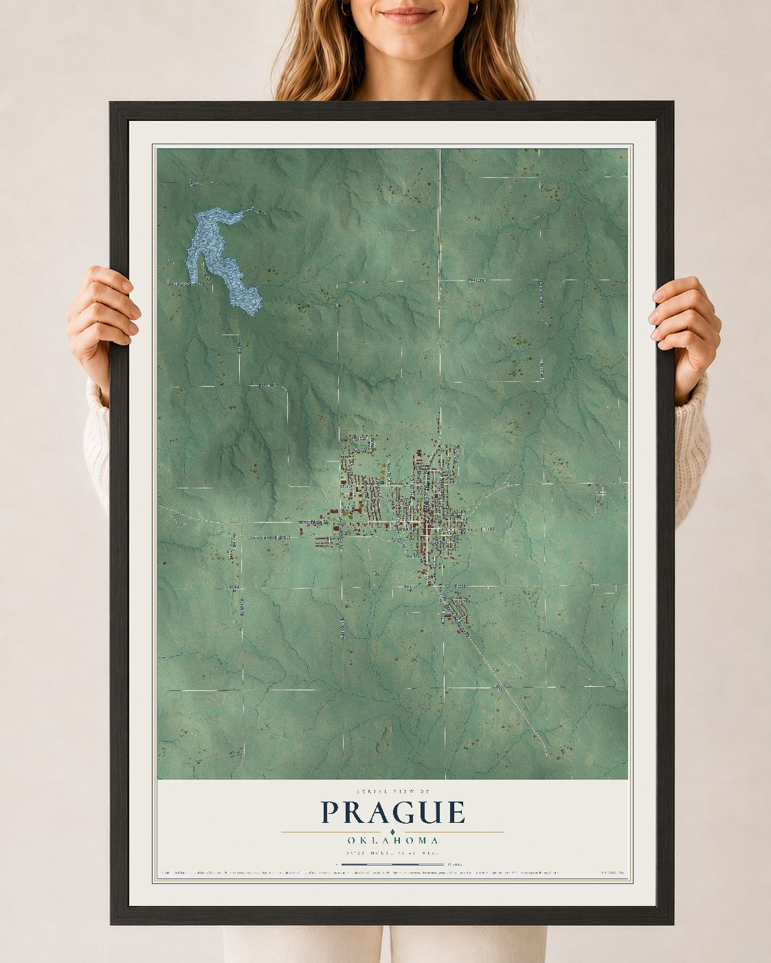 Map of Prague, Oklahoma, 24 x 36 inch print in a black wood frame