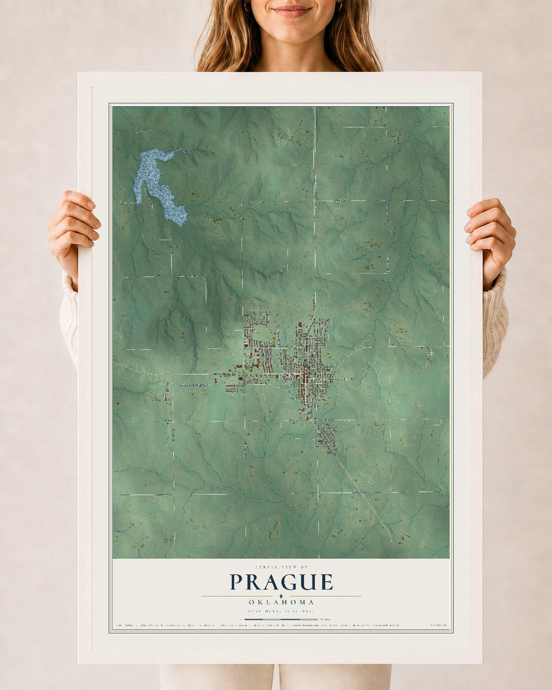 Map of Prague, Oklahoma, 24 x 36 inch print in a white wood frame