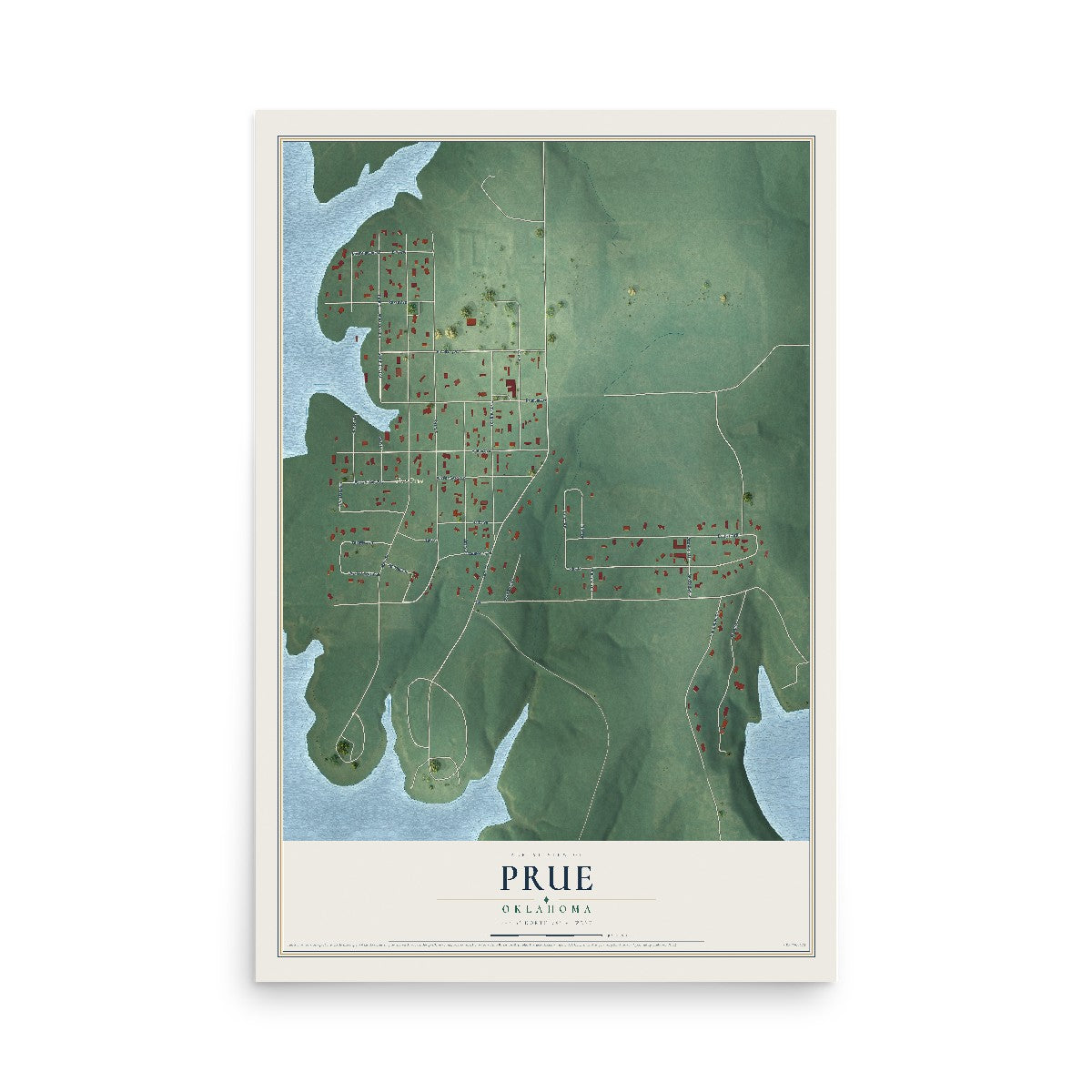 Map of Prue, Oklahoma, 12 x 18 inch unframed archival matte print