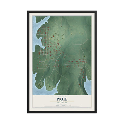 Map of Prue, Oklahoma, 12 x 18 inch print in a black wood frame