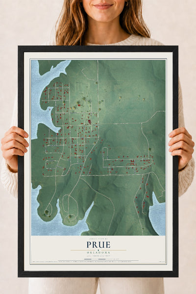 Map of Prue, Oklahoma, 18 x 24 inch print in a black wood frame