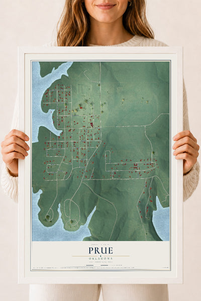 Map of Prue, Oklahoma, 18 x 24 inch print in a white wood frame