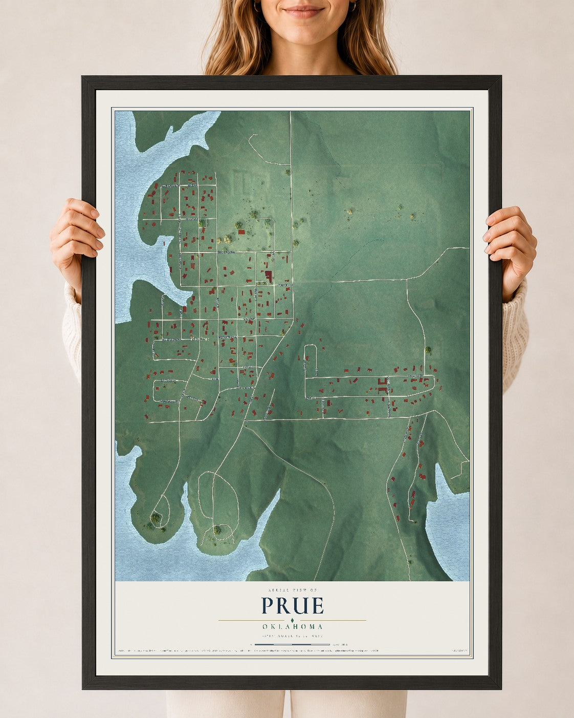 Map of Prue, Oklahoma, 24 x 36 inch print in a black wood frame