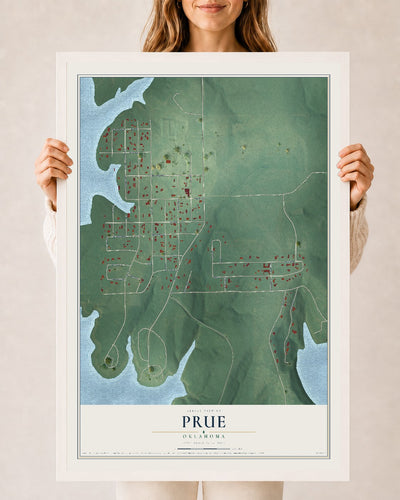 Map of Prue, Oklahoma, 24 x 36 inch print in a white wood frame