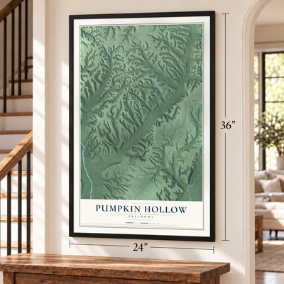 Pumpkin Hollow, Oklahoma map, 24 x 36 inch print in a black frame by a staircase