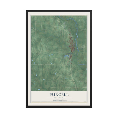Map of Purcell, Oklahoma, 12 x 18 inch print in a black wood frame
