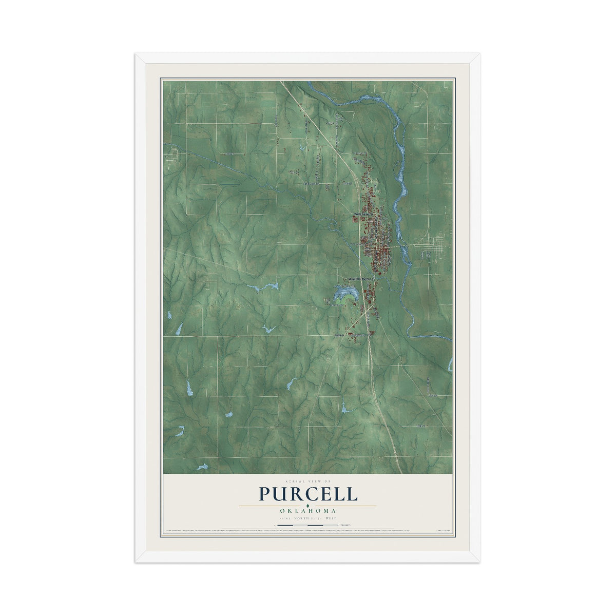 Map of Purcell, Oklahoma, 12 x 18 inch print in a white wood frame