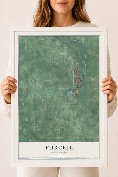 Map of Purcell, Oklahoma, 18 x 24 inch print in a white wood frame