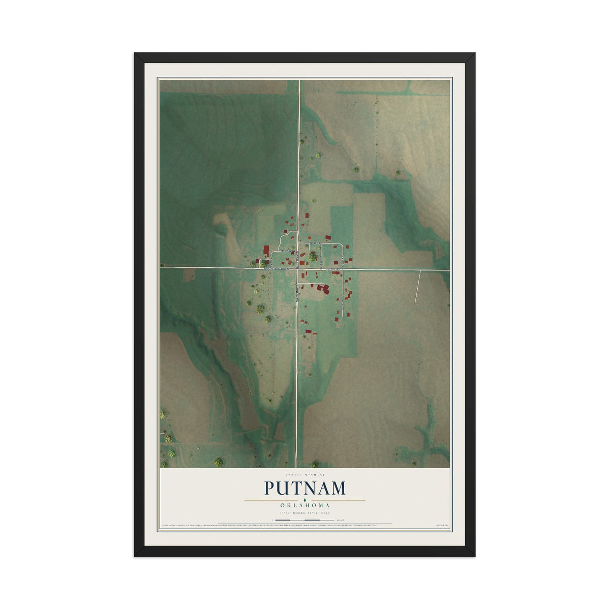 Map of Putnam, Oklahoma, 12 x 18 inch print in a black wood frame