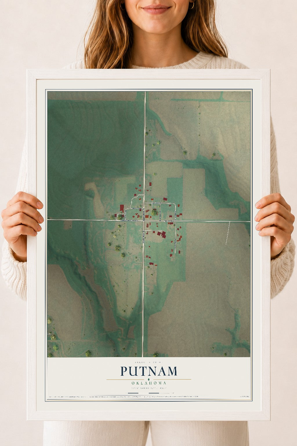 Map of Putnam, Oklahoma, 18 x 24 inch print in a white wood frame