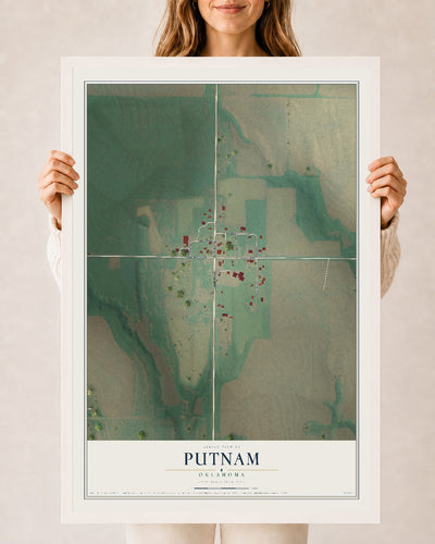 Map of Putnam, Oklahoma, 24 x 36 inch print in a white wood frame