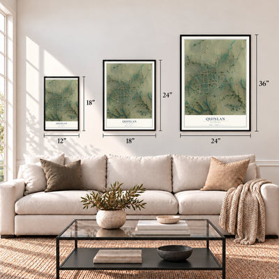 Quinlan, Oklahoma map in 12 x 18, 18 x 24 and 24 x 36 inch sizes above a sofa