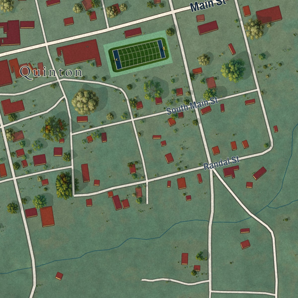 Second close-up of the map of Quinton, Oklahoma print showing more streets and buildings
