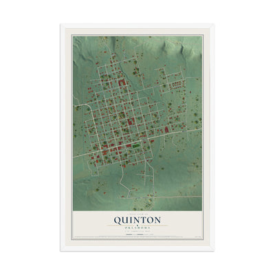 Map of Quinton, Oklahoma, 12 x 18 inch print in a white wood frame