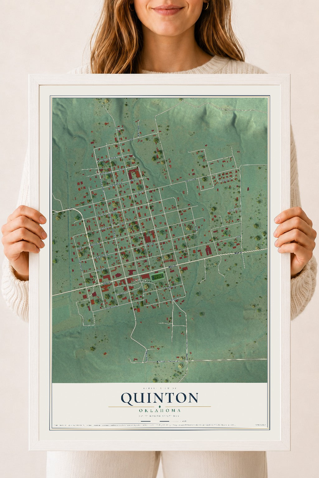 Map of Quinton, Oklahoma, 18 x 24 inch print in a white wood frame