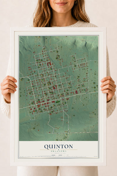 Map of Quinton, Oklahoma, 18 x 24 inch print in a white wood frame