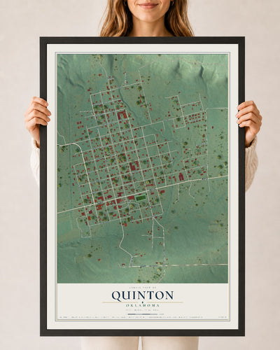 Map of Quinton, Oklahoma, 24 x 36 inch print in a black wood frame