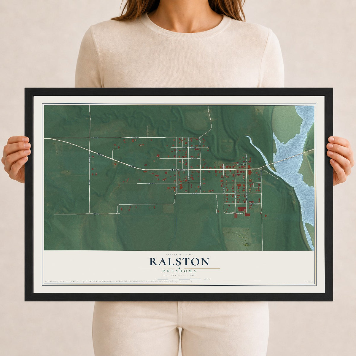 Map of Ralston, Oklahoma, 12 x 18 inch print in a black wood frame
