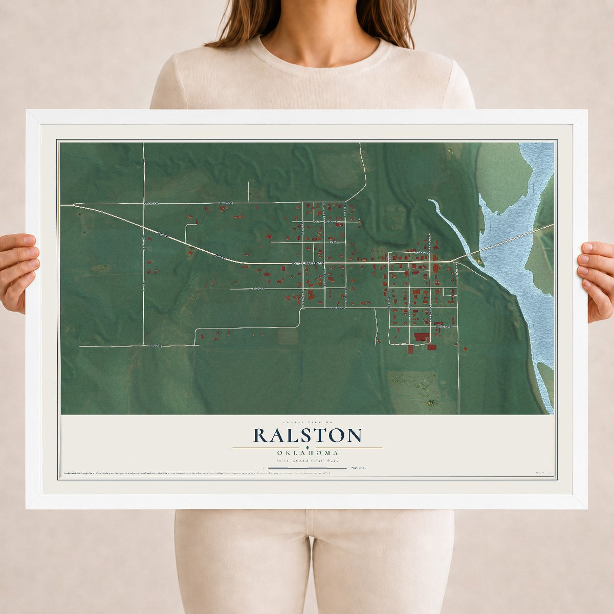Map of Ralston, Oklahoma, 18 x 24 inch print in a white wood frame