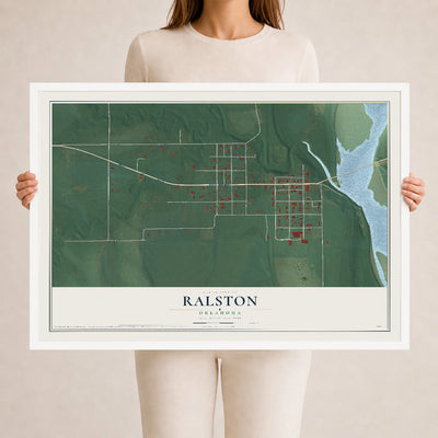 Map of Ralston, Oklahoma, 24 x 36 inch print in a white wood frame