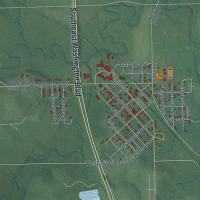 Close-up of the map of Ramona, Oklahoma print showing street and building detail