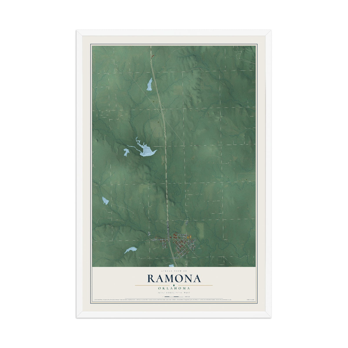 Map of Ramona, Oklahoma, 12 x 18 inch print in a white wood frame