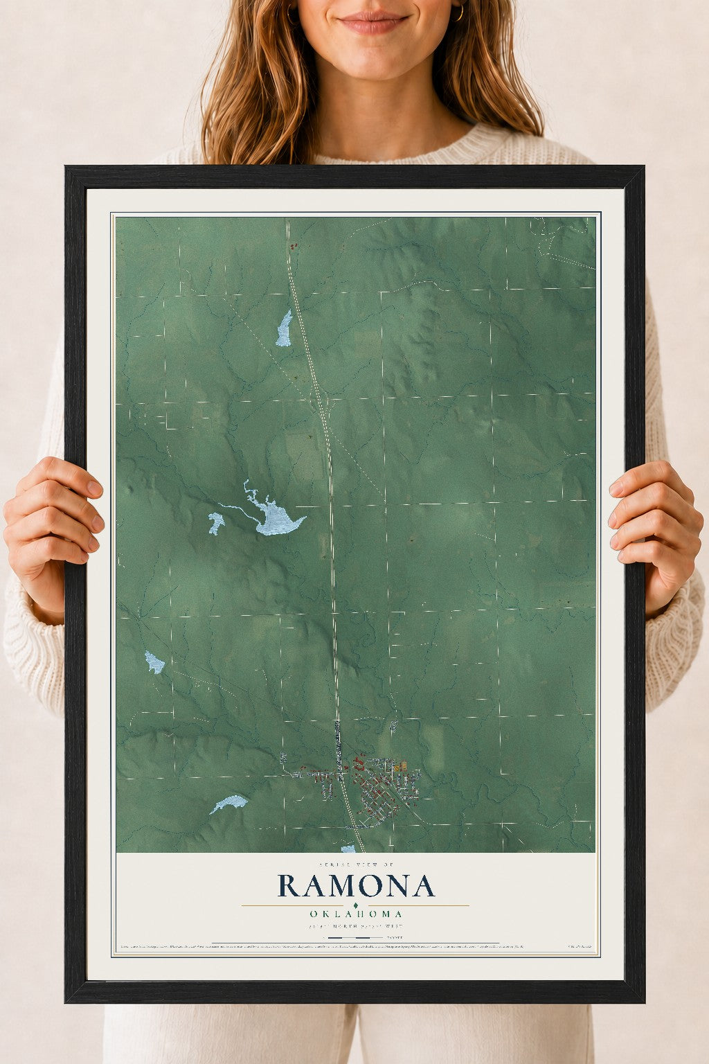 Map of Ramona, Oklahoma, 18 x 24 inch print in a black wood frame