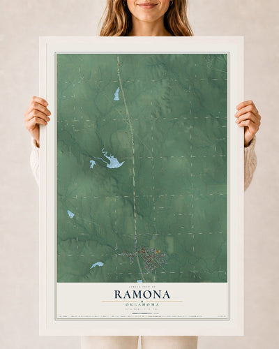 Map of Ramona, Oklahoma, 24 x 36 inch print in a white wood frame