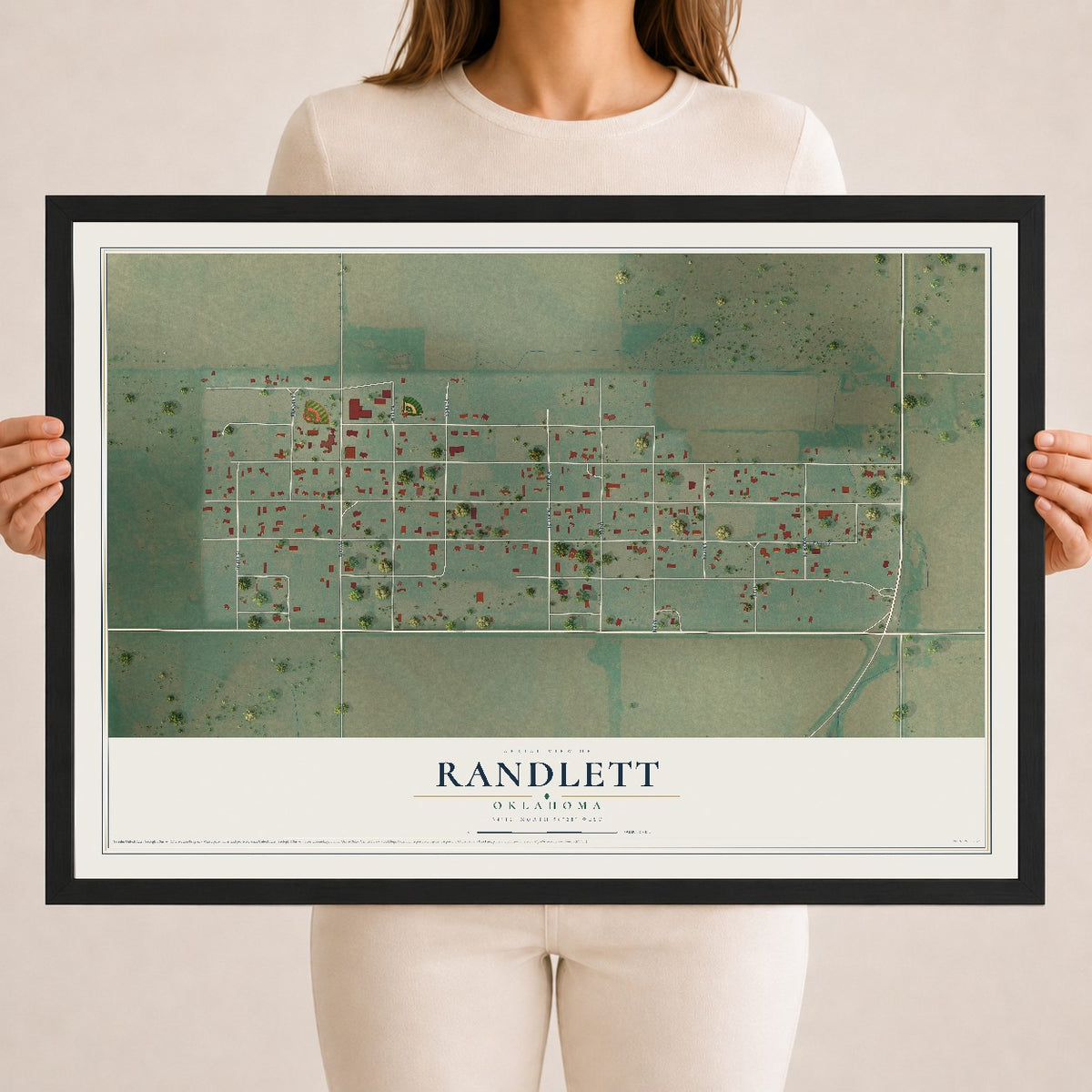 Map of Randlett, Oklahoma, 18 x 24 inch print in a black wood frame
