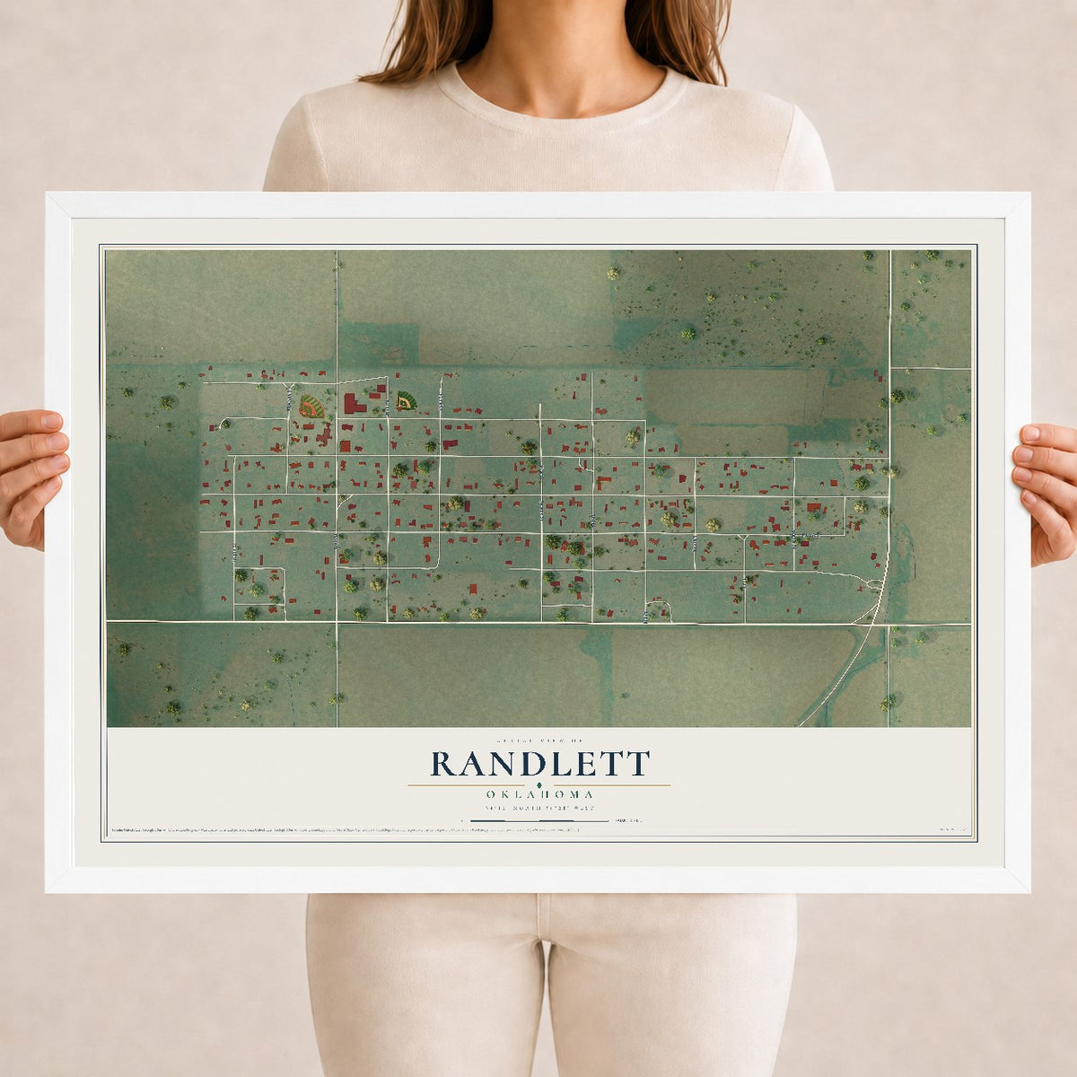 Map of Randlett, Oklahoma, 18 x 24 inch print in a white wood frame