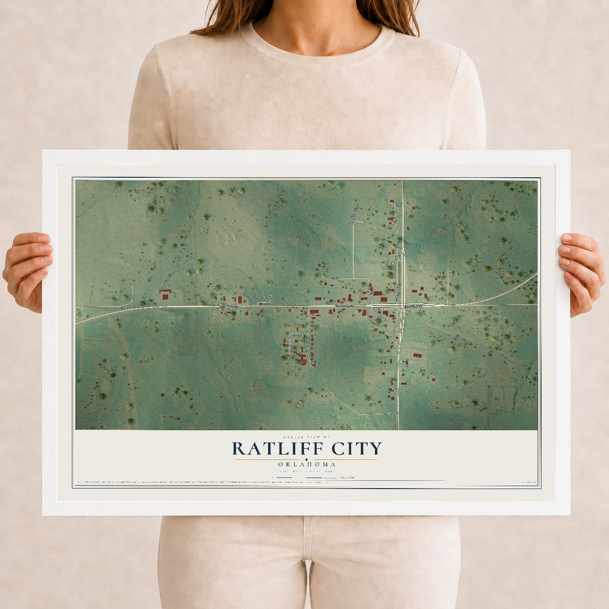 Map of Ratliff City, Oklahoma, 12 x 18 inch print in a white wood frame