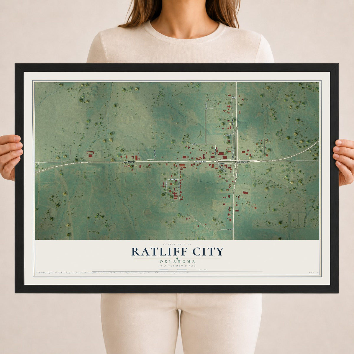 Map of Ratliff City, Oklahoma, 18 x 24 inch print in a black wood frame