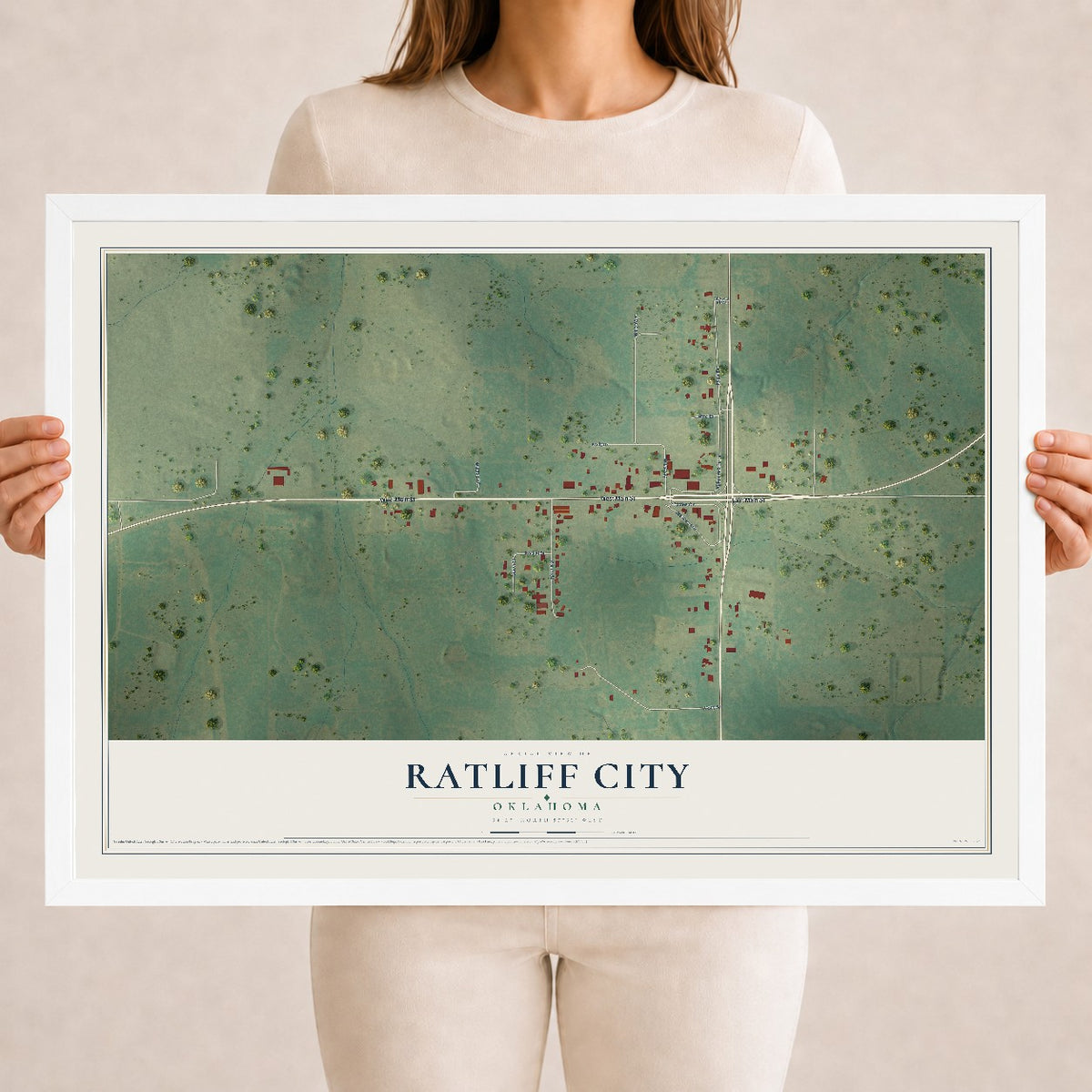 Map of Ratliff City, Oklahoma, 18 x 24 inch print in a white wood frame