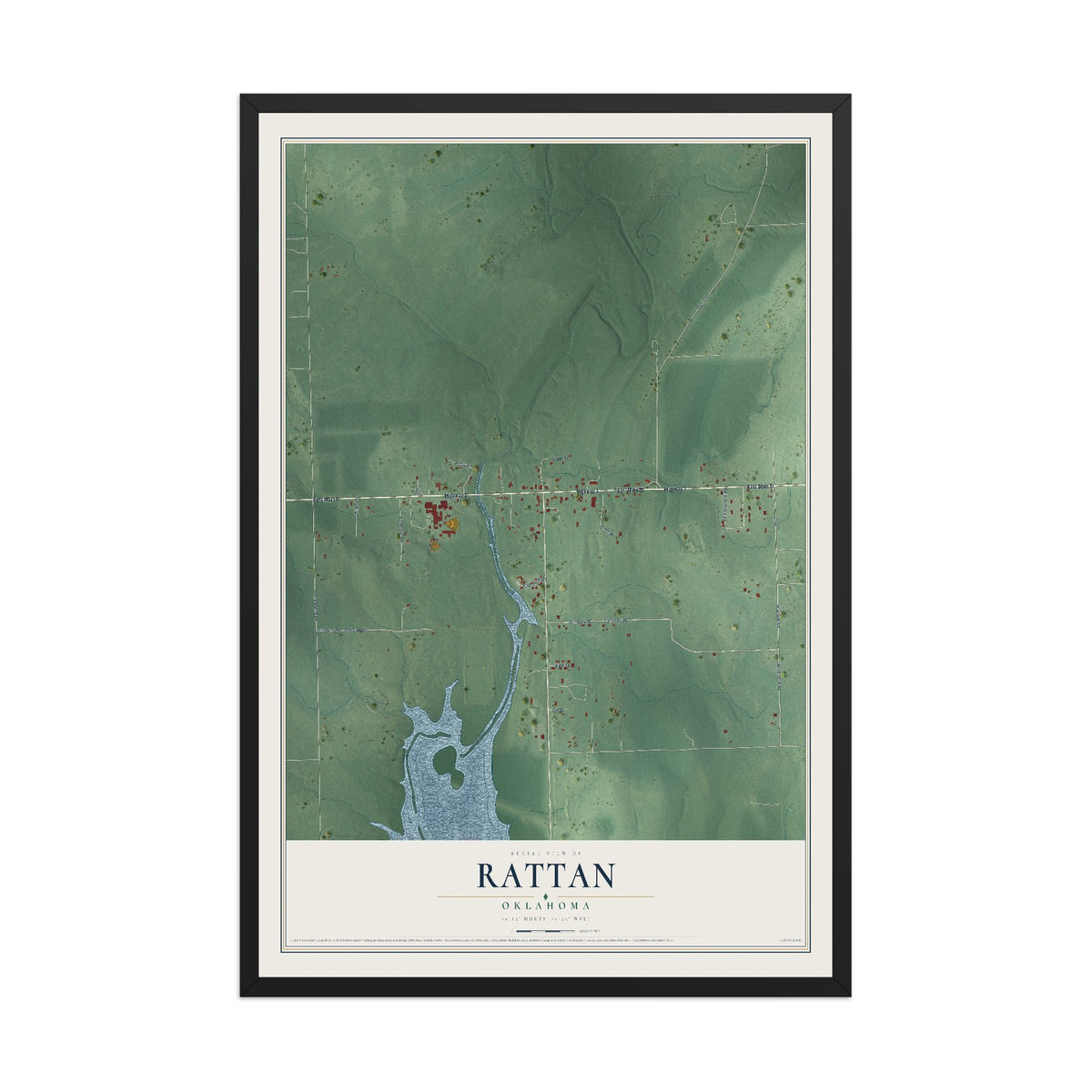 Map of Rattan, Oklahoma, 12 x 18 inch print in a black wood frame