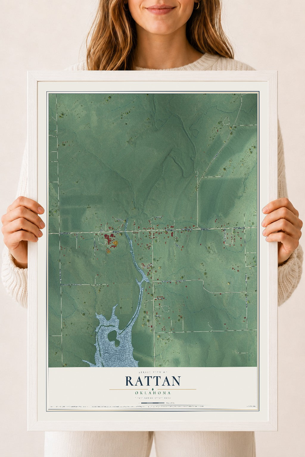 Map of Rattan, Oklahoma, 18 x 24 inch print in a white wood frame