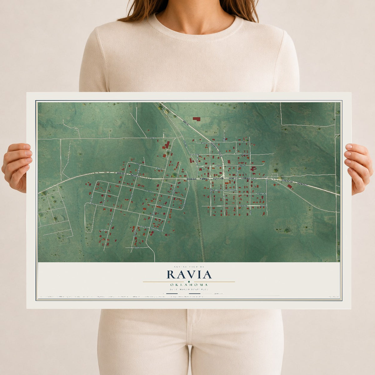 Map of Ravia, Oklahoma, 12 x 18 inch unframed archival matte print