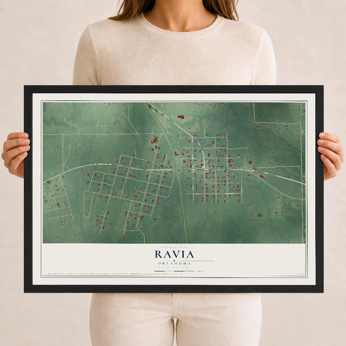 Map of Ravia, Oklahoma, 12 x 18 inch print in a black wood frame
