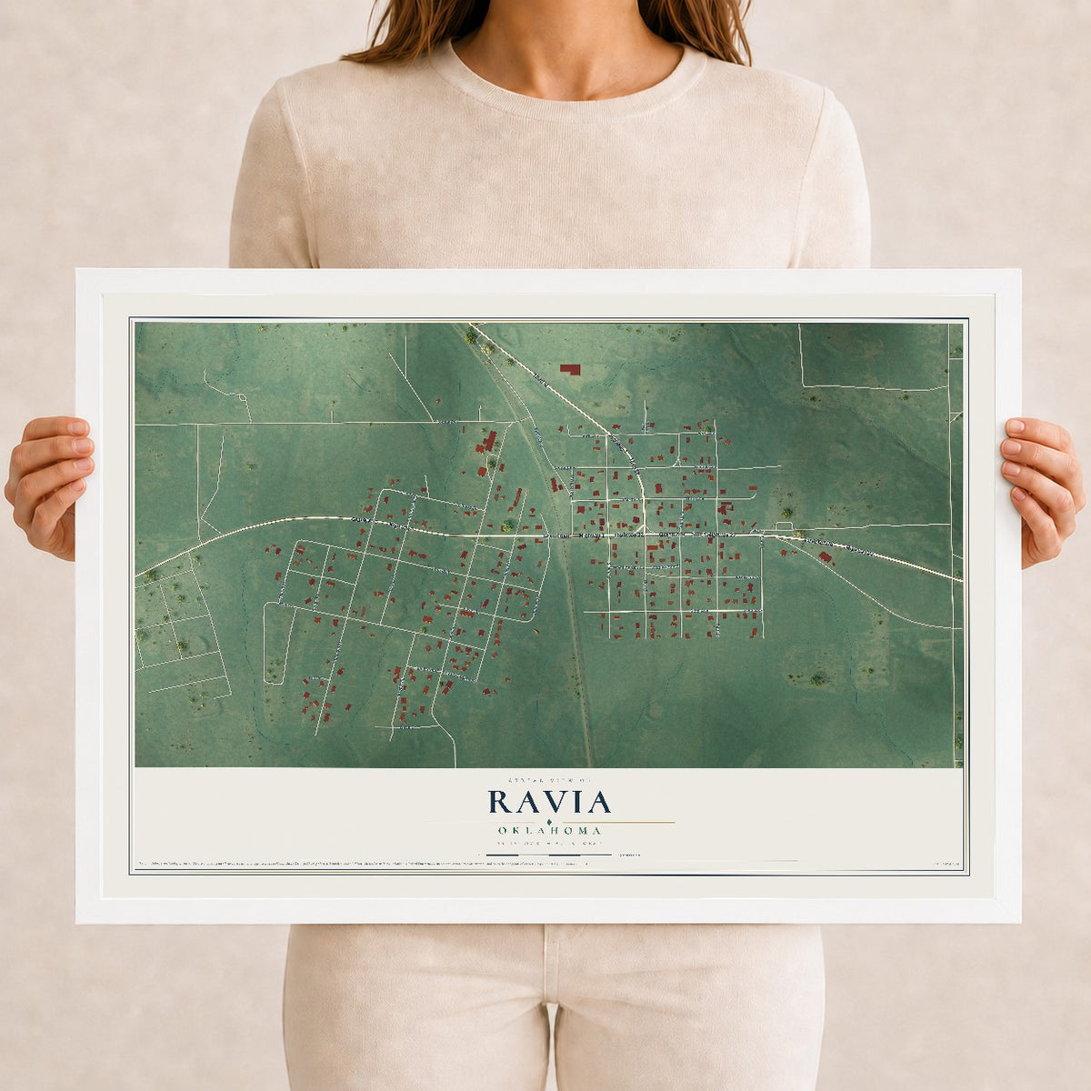 Map of Ravia, Oklahoma, 12 x 18 inch print in a white wood frame