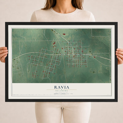 Map of Ravia, Oklahoma, 18 x 24 inch print in a black wood frame