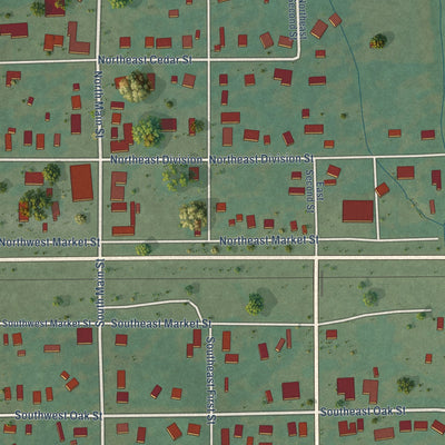 Close-up of the map of Red Oak, Oklahoma print showing street and building detail