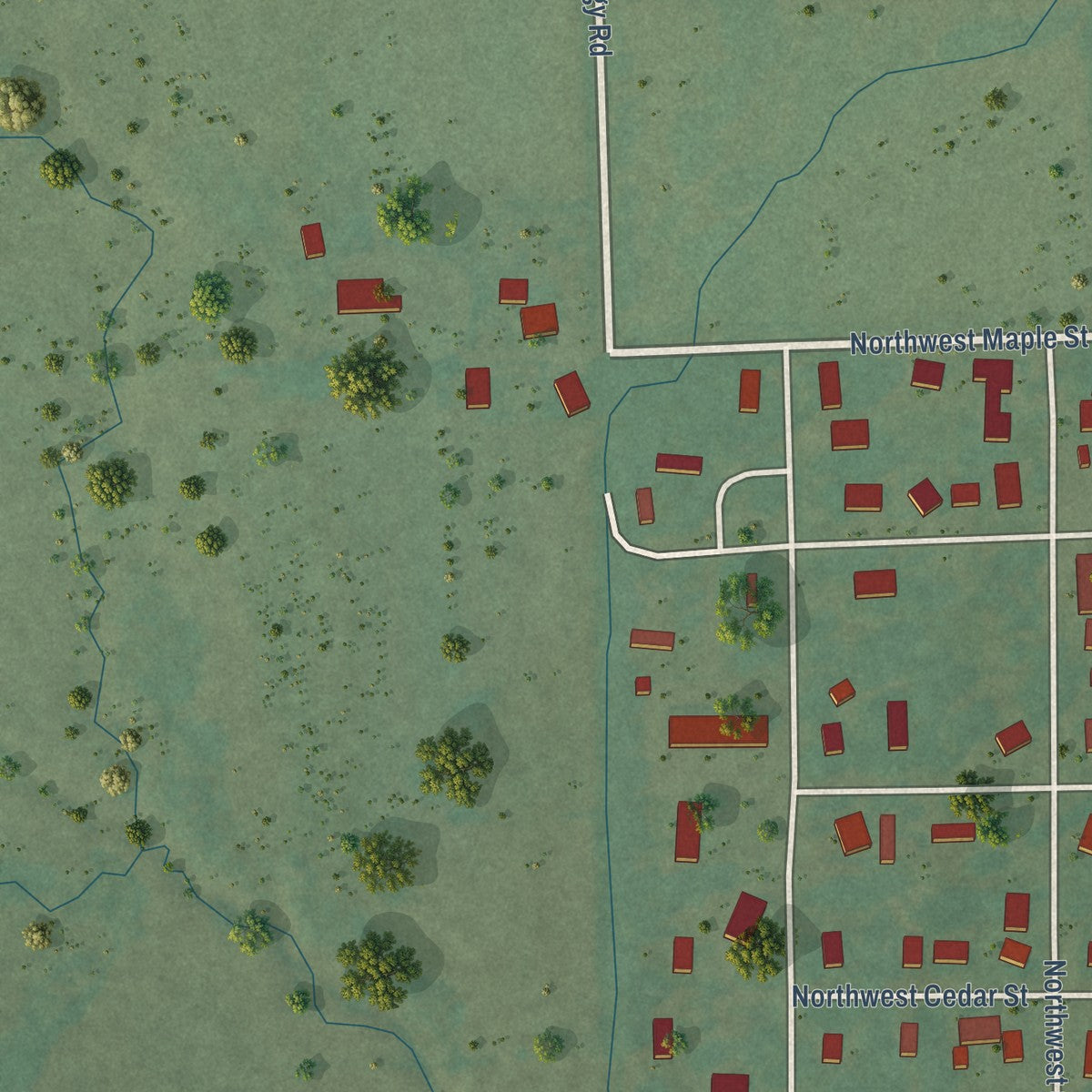 Second close-up of the map of Red Oak, Oklahoma print showing more streets and buildings