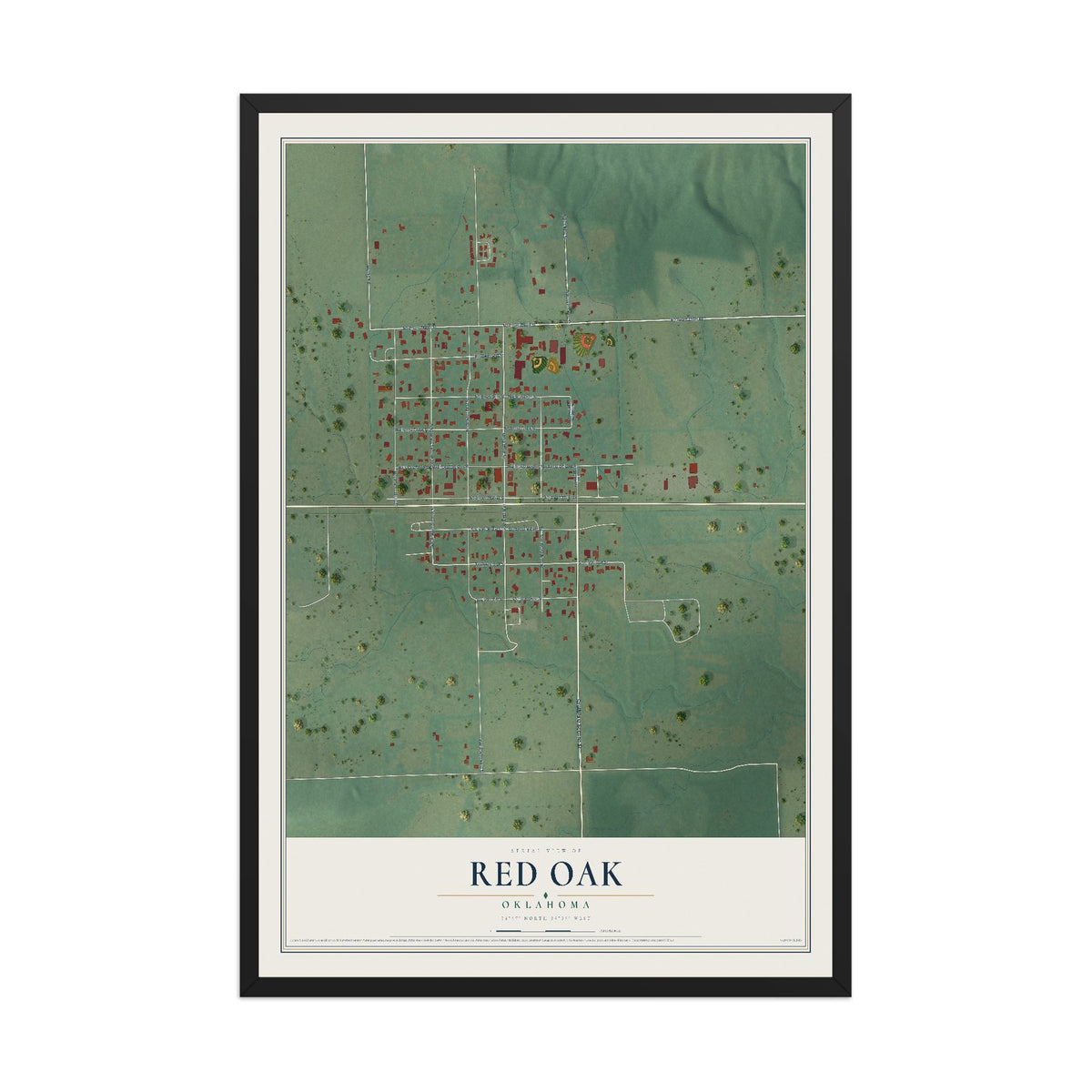 Map of Red Oak, Oklahoma, 12 x 18 inch print in a black wood frame