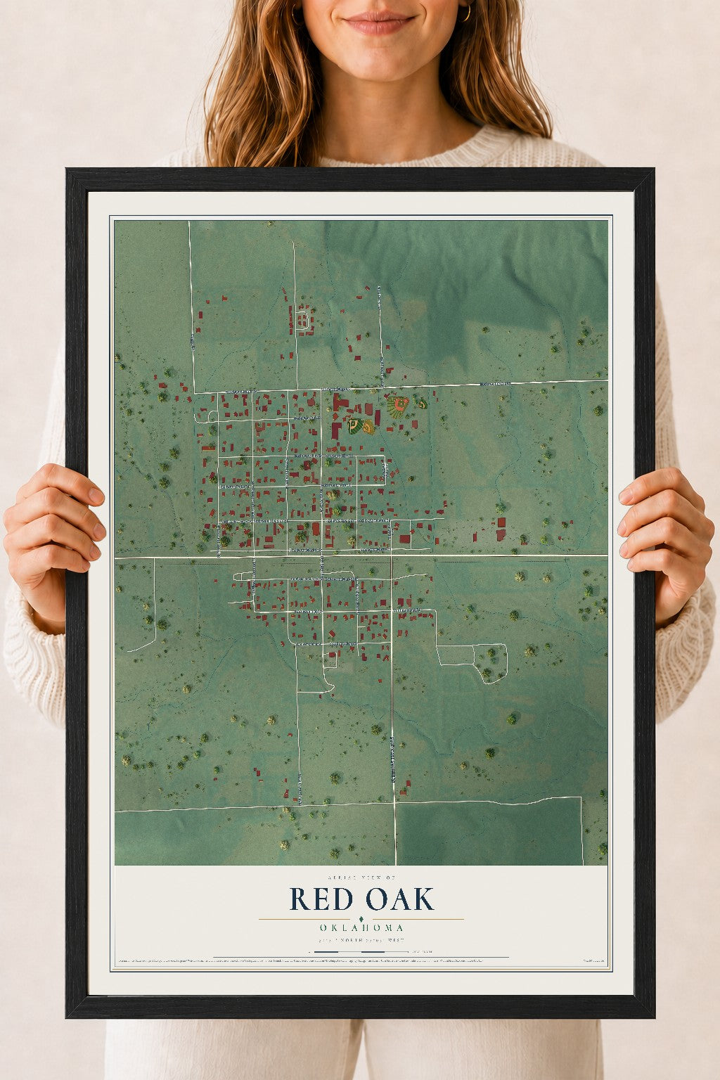 Map of Red Oak, Oklahoma, 18 x 24 inch print in a black wood frame
