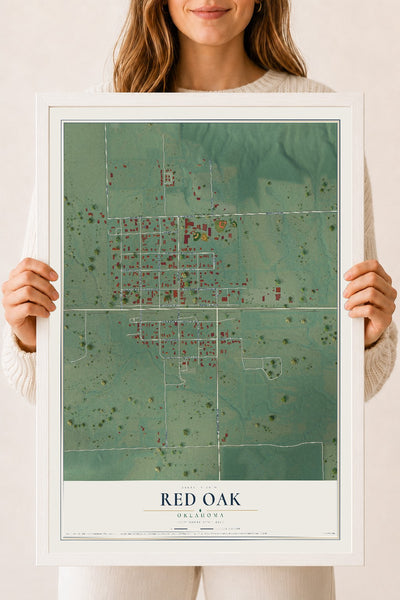 Map of Red Oak, Oklahoma, 18 x 24 inch print in a white wood frame