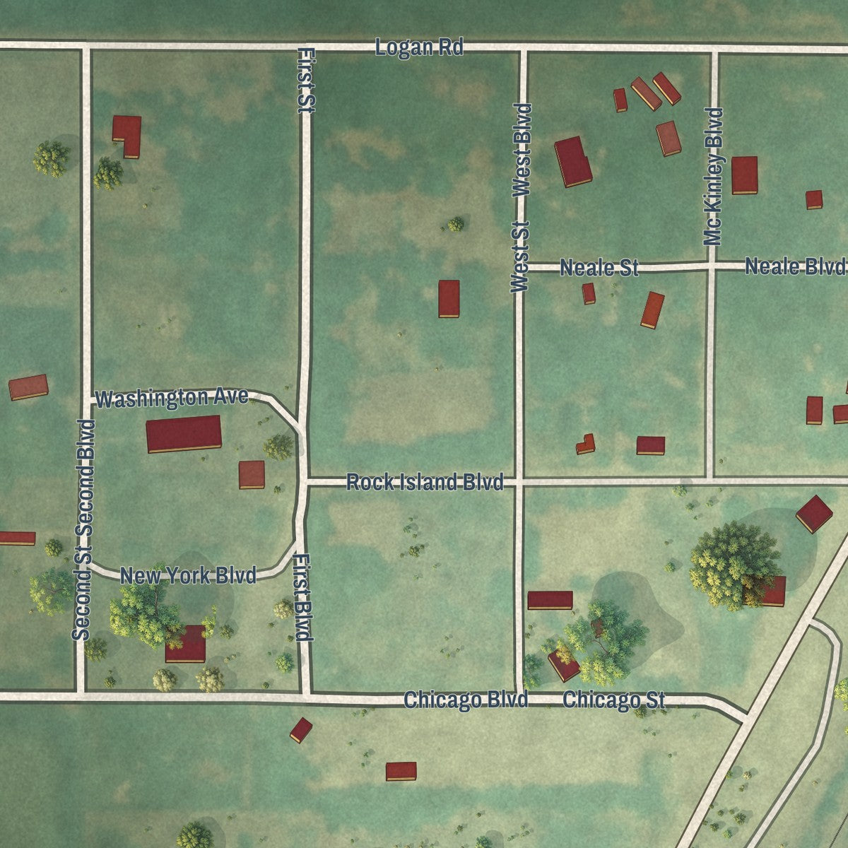 Close-up of the map of Renfrow, Oklahoma print showing street and building detail