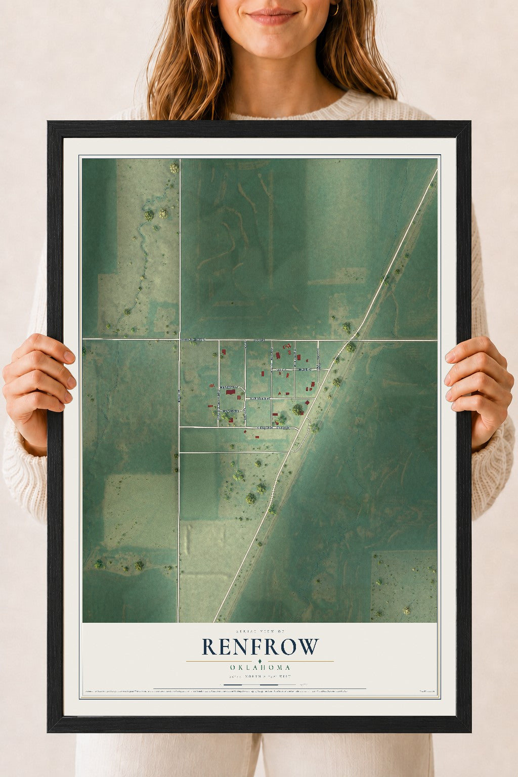 Map of Renfrow, Oklahoma, 18 x 24 inch print in a black wood frame