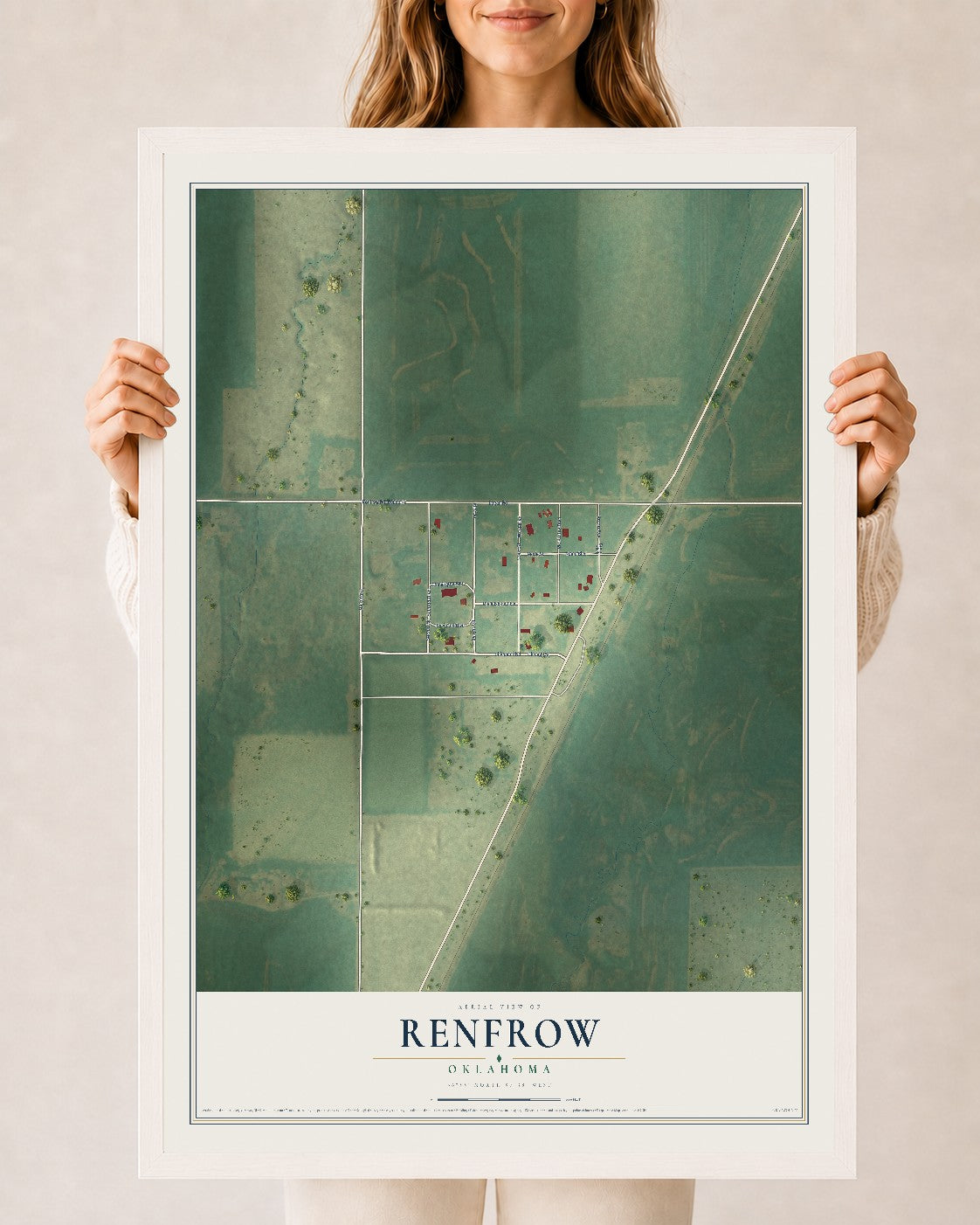 Map of Renfrow, Oklahoma, 24 x 36 inch print in a white wood frame