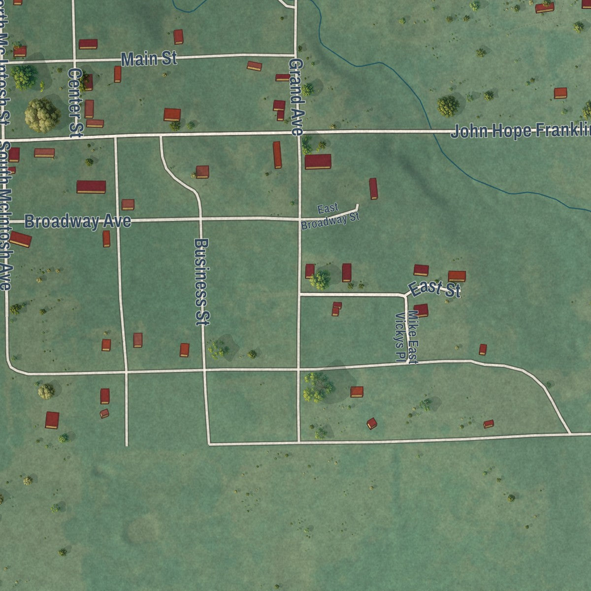 Close-up of the map of Rentiesville, Oklahoma print showing street and building detail