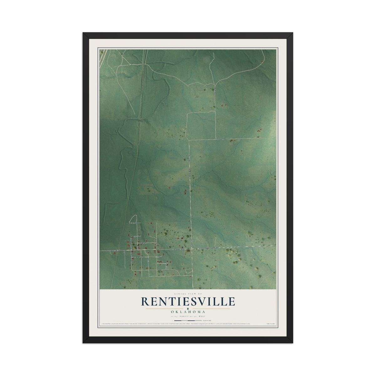 Map of Rentiesville, Oklahoma, 12 x 18 inch print in a black wood frame