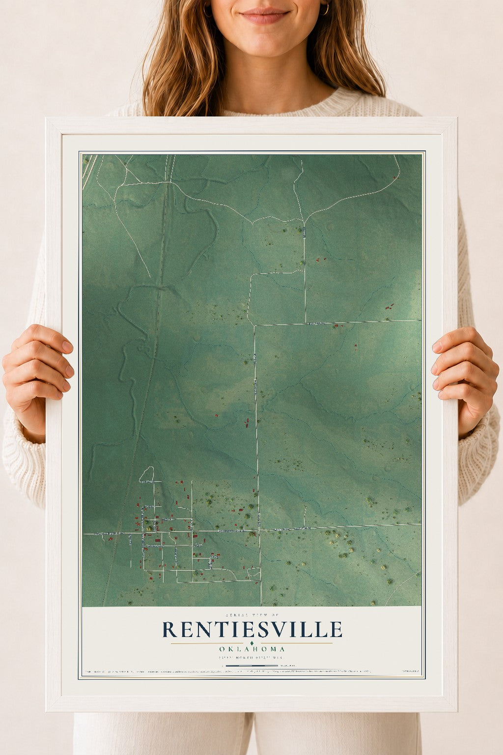Map of Rentiesville, Oklahoma, 18 x 24 inch print in a white wood frame